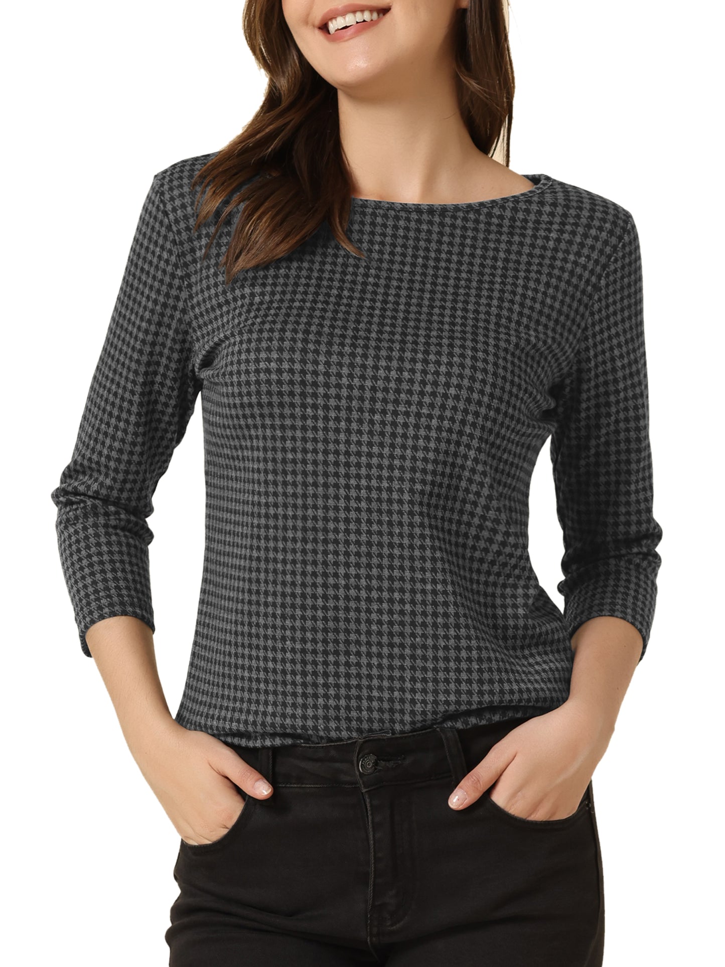 Women Houndstooth Plaid Boat Neck 3/4 Sleeve Blouse Fall Outfits