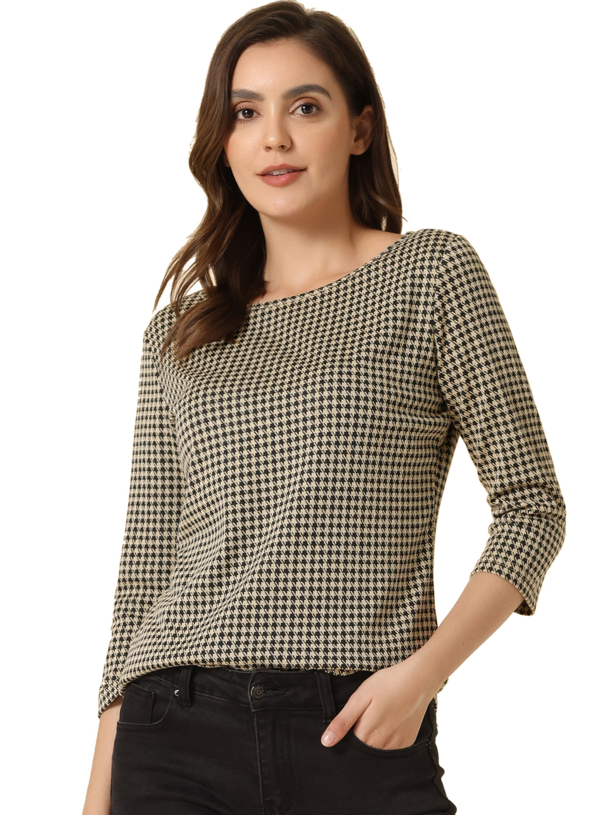 Women Houndstooth Plaid Boat Neck 3/4 Sleeve Blouse Fall Outfits