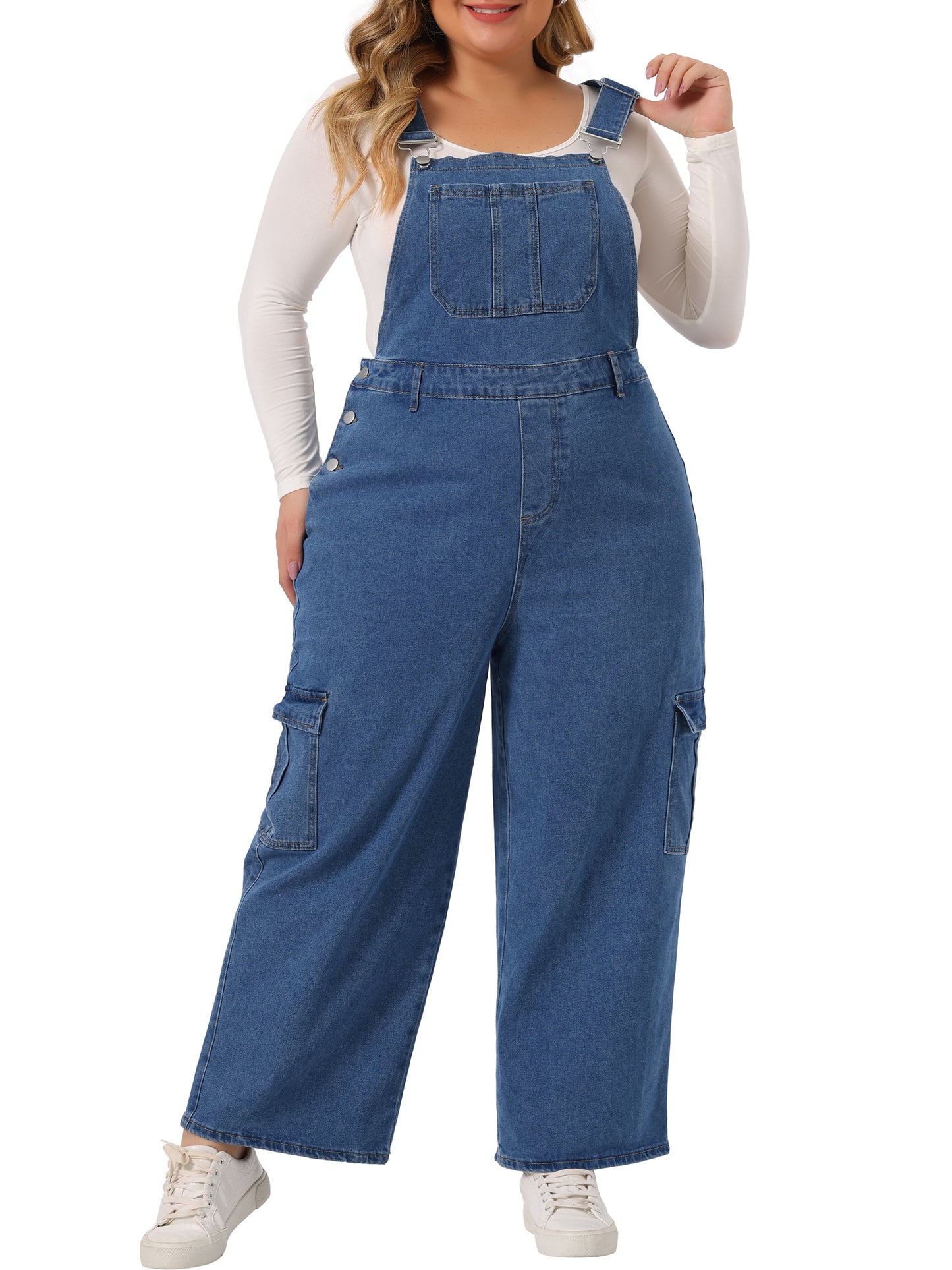 Women Plus Size Overalls Baggy Wide Leg Loose Bib Jeans Pockets Stretch Adjustable Rompers Jumpsuit