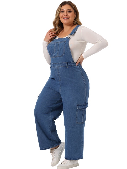 Women Plus Size Overalls Baggy Wide Leg Loose Bib Jeans Pockets Stretch Adjustable Rompers Jumpsuit