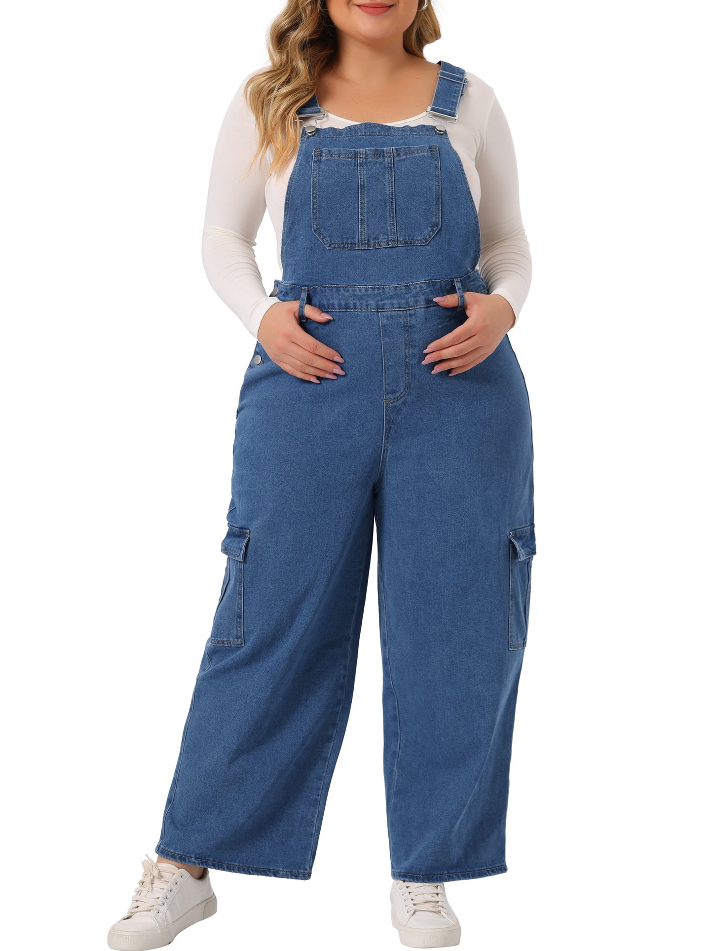 Women Plus Size Overalls Baggy Wide Leg Loose Bib Jeans Pockets Stretch Adjustable Rompers Jumpsuit