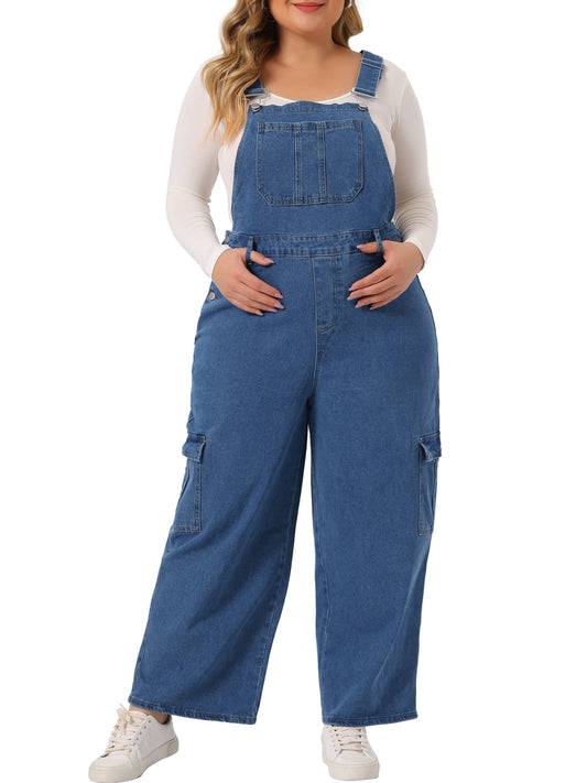Women Plus Size Overalls Baggy Wide Leg Loose Bib Jeans Pockets Stretch Adjustable Rompers Jumpsuit