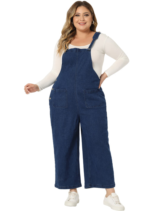 Women Plus Size Denim Bib Overalls Classic Adjustable Straps Pockets Jumpsuit Jeans Pants
