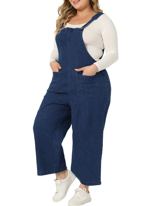 Women Plus Size Denim Bib Overalls Classic Adjustable Straps Pockets Jumpsuit Jeans Pants