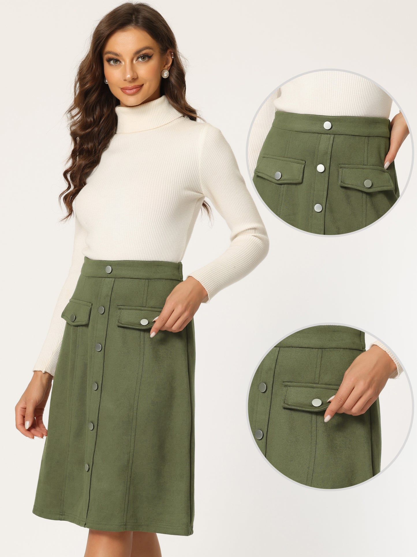 Women's Faux Suede Skirt Button Front High Waist Fall Knee Length A-Line Skirts