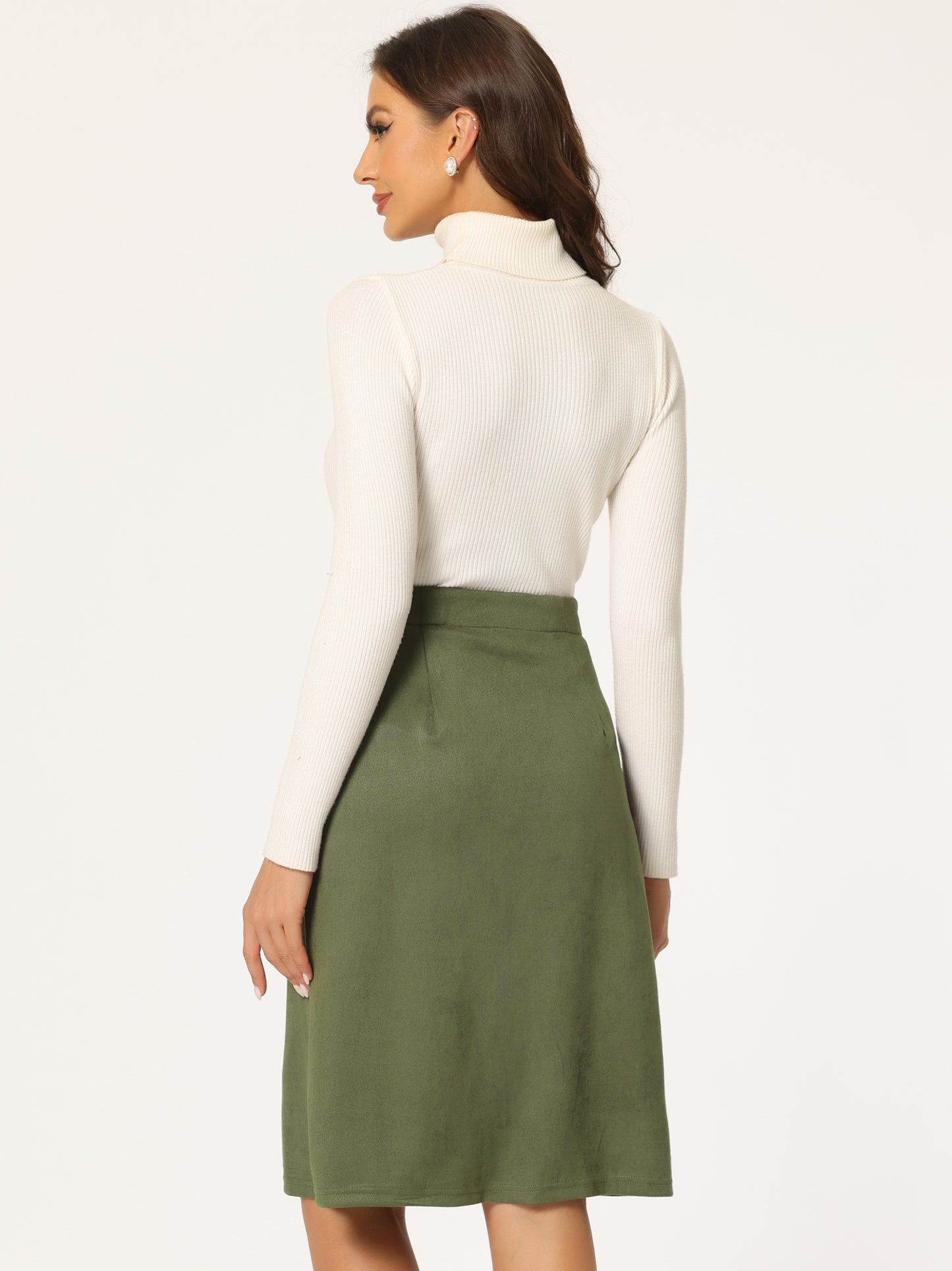 Women's Faux Suede Skirt Button Front High Waist Fall Knee Length A-Line Skirts