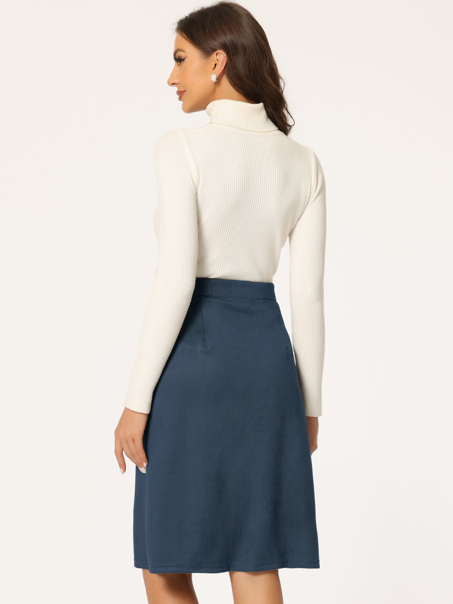 Women's Faux Suede Skirt Button Front High Waist Fall Knee Length A-Line Skirts