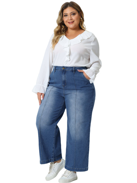 Women Plus Size Jeans Wide Leg Baggy Washed Stretch with Pockets Denim Ankle Pants