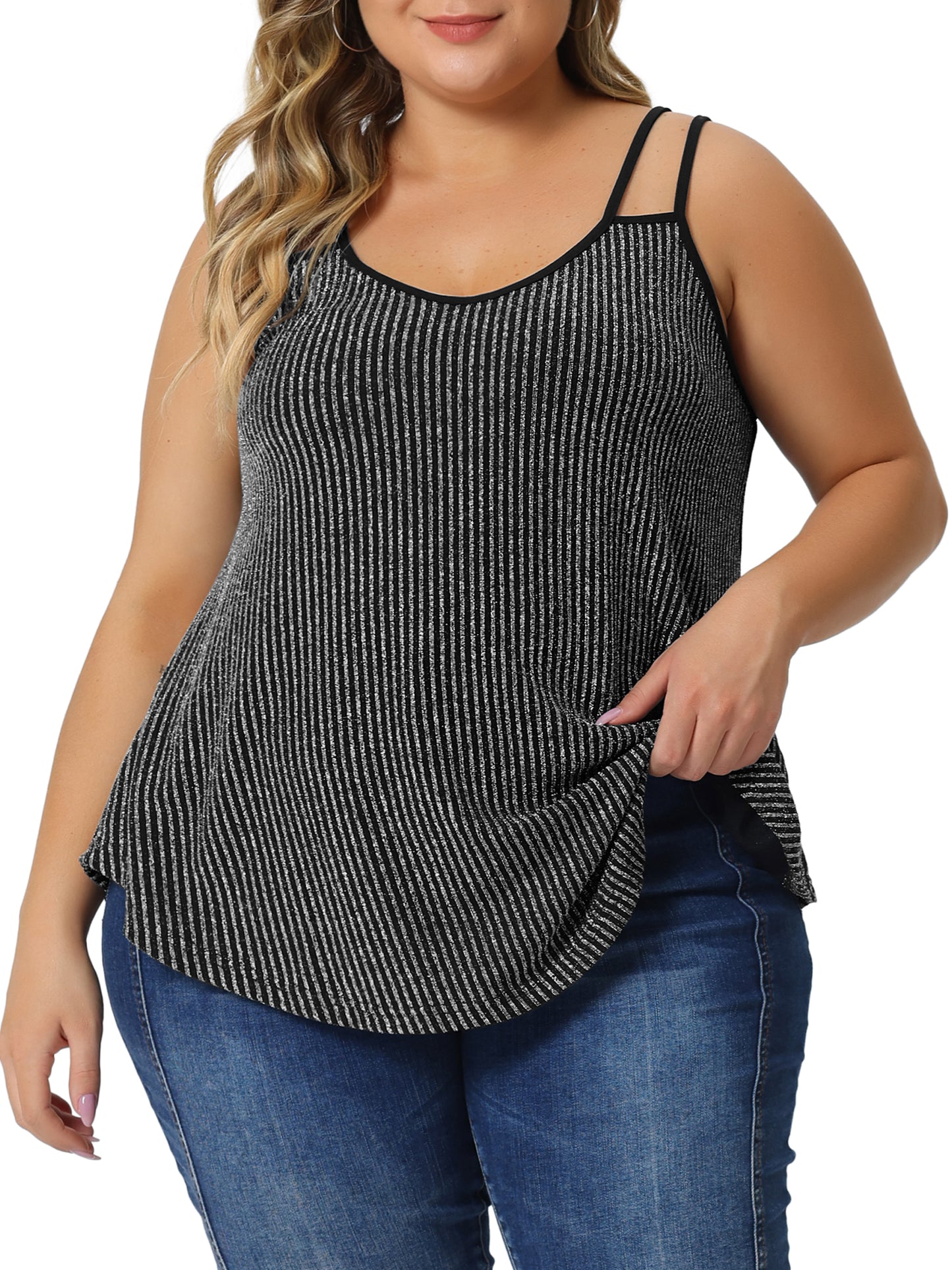 Women Plus Size Top Sleeveless V Neck Tank Cami Party Glitter Sparkle Top