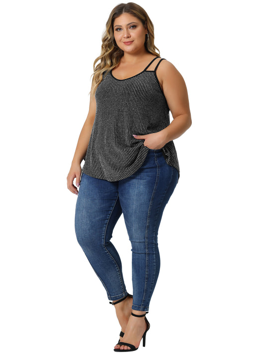 Women Plus Size Top Sleeveless V Neck Tank Cami Party Glitter Sparkle Top