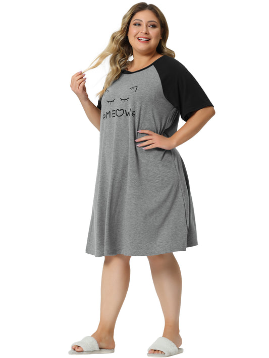 Women Plus Size Nightgown Short Sleeve Cute Cat Print Sleep Dress Sleepwear