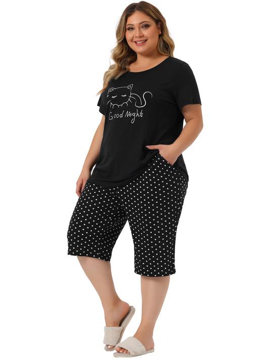 Women Plus Size Pajama Short Sleeve Tops and Pants Cute Cat Sleepwear Loungewear Set