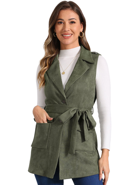 Women's Lapel Single Breasted Tie Belt Smart Casual Sleeveless Faux Suede Vest