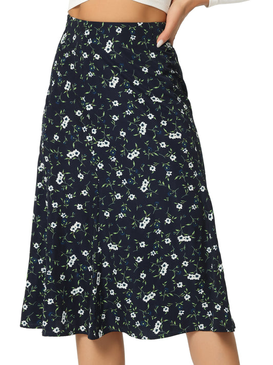 Women's Floral Midi Skirt Peasant Elastic Waist A-Line Ditsy Printed Skirts