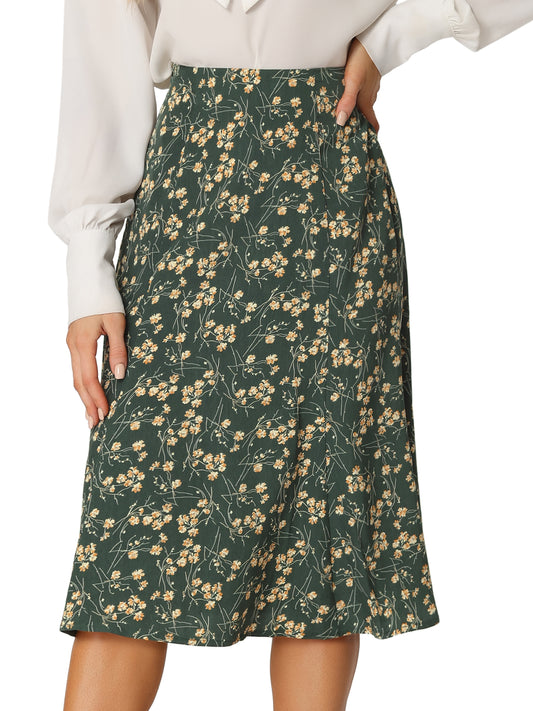 Women's Floral Midi Skirt Peasant Elastic Waist A-Line Ditsy Printed Skirts