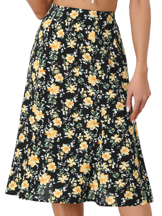 Women's Floral Midi Skirt Peasant Elastic Waist A-Line Ditsy Printed Skirts