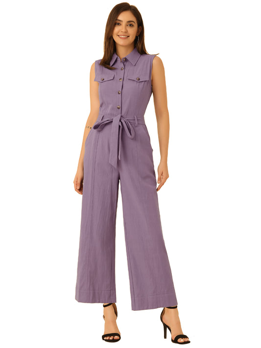 Women's Wide Leg Jumpsuit Sleeveless Collared Tie Waist Coverall Button Down Cargo Jumpsuits