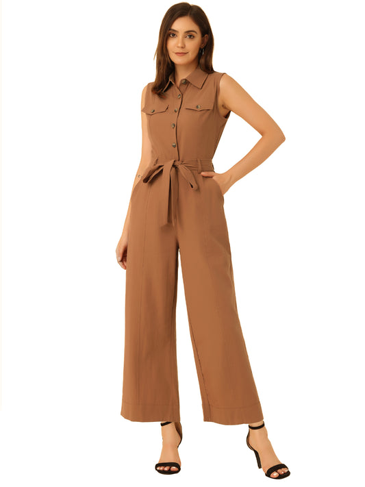 Women's Wide Leg Jumpsuit Sleeveless Collared Tie Waist Coverall Button Down Cargo Jumpsuits