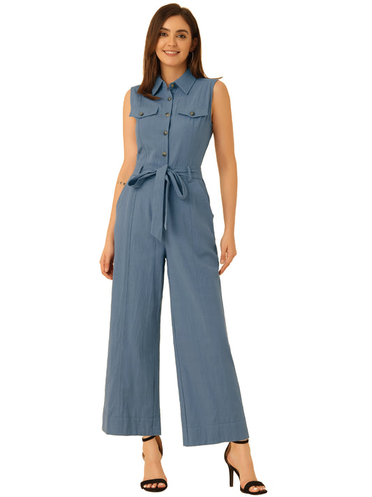 Women's Wide Leg Jumpsuit Sleeveless Collared Tie Waist Coverall Button Down Cargo Jumpsuits