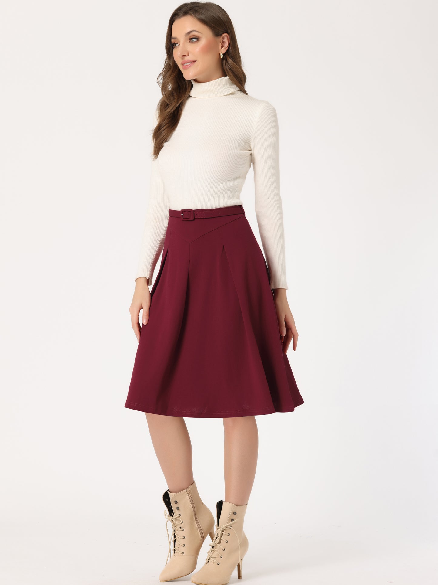 Women's Office Work Skirts Belted Waist Midi A-Line Pleated Skirt