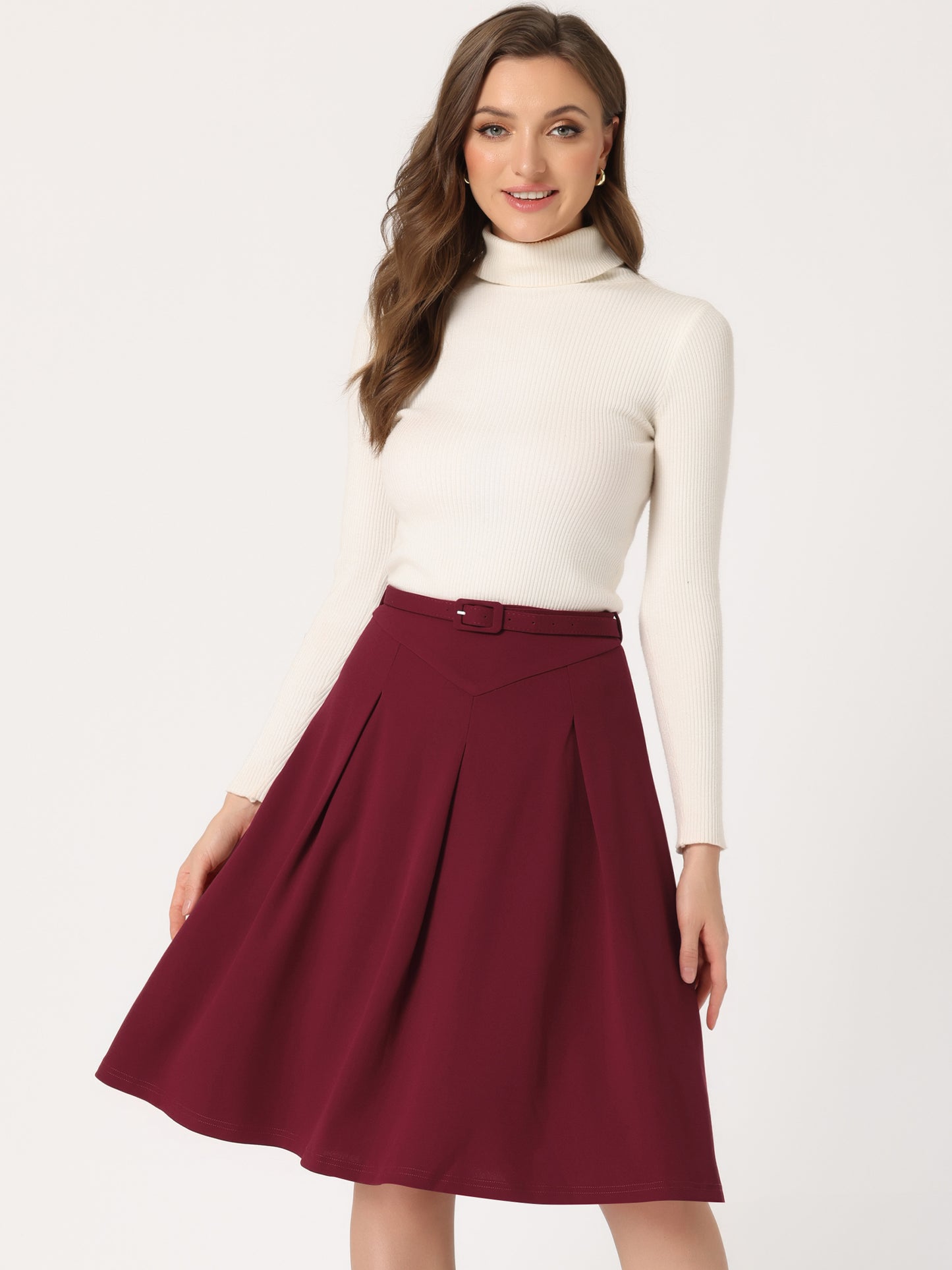 Women's Office Work Skirts Belted Waist Midi A-Line Pleated Skirt