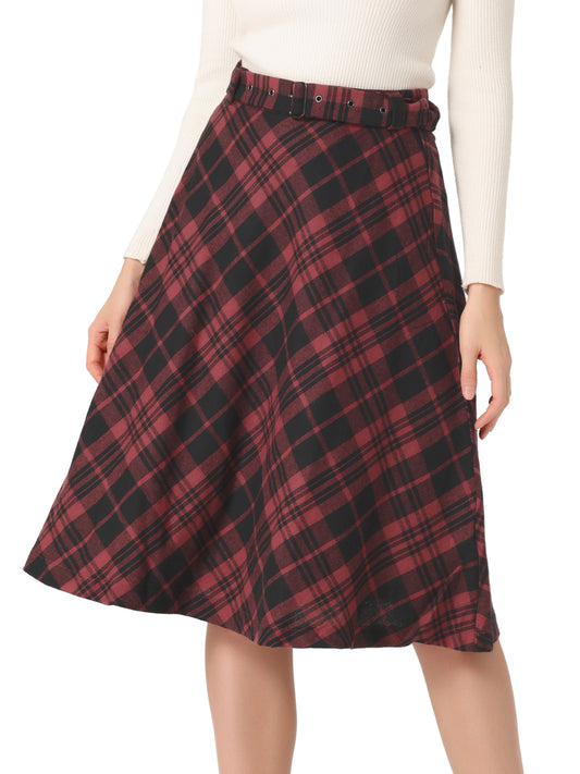 Women's Tartan Plaid High Waist Belted Vintage A-Line Midi Skirt