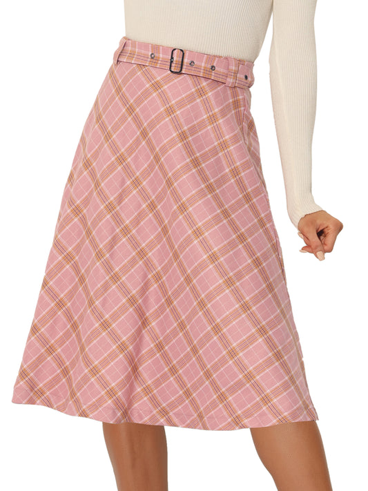 Women's Tartan Plaid High Waist Belted Vintage A-Line Midi Skirt
