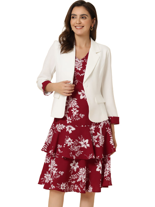 Women's Dress Suit Set Chiffon V Neck Floral Print Dress Contrast Panel Work Blazer