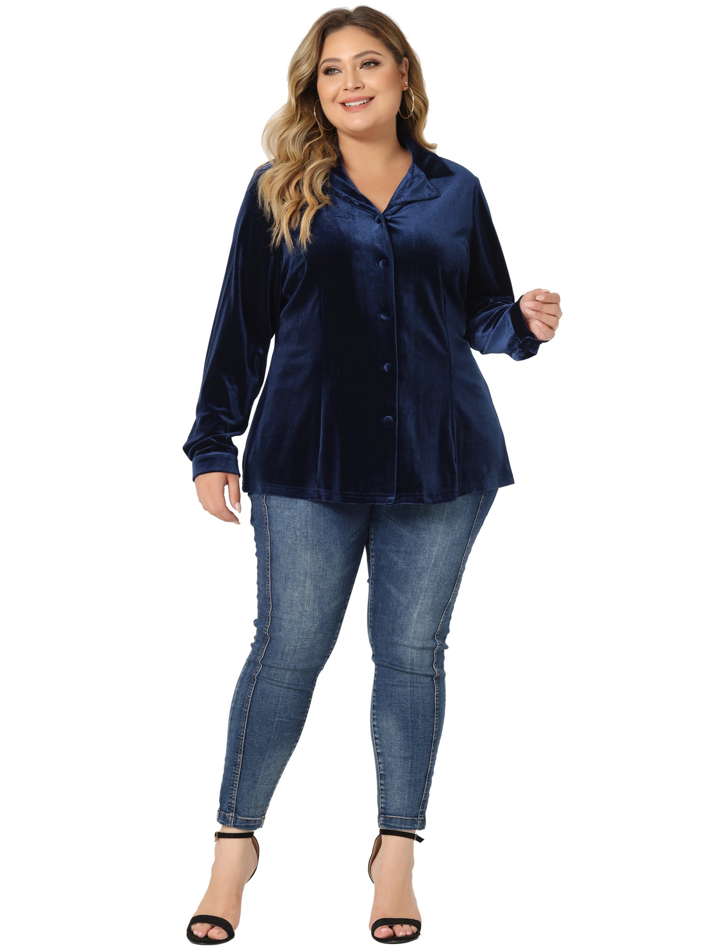 Women Plus Size Velvet Vintage Lapel Long Sleeve Button Down Shirt