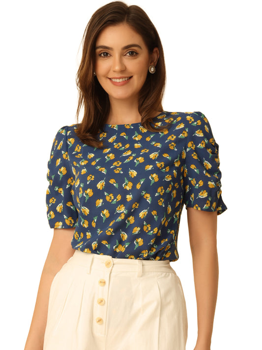 Women's Floral Crew Neck Summer Shirred Short Sleeve Blouse