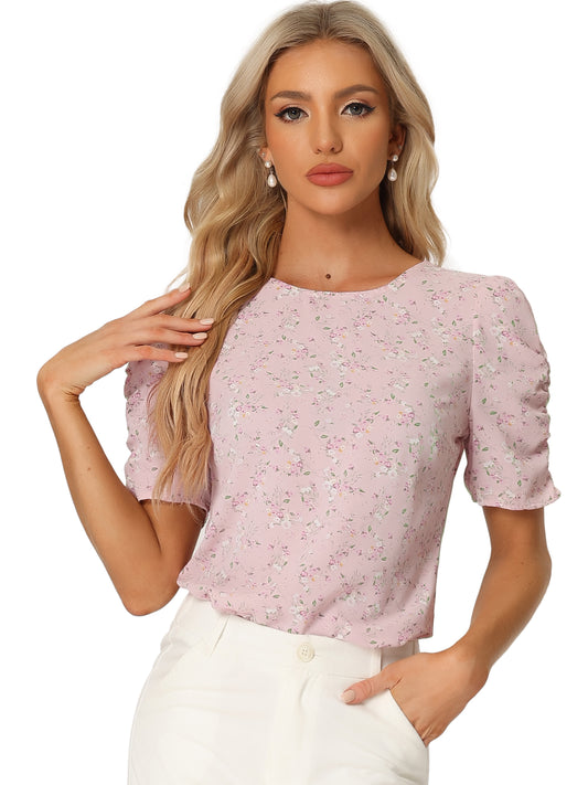 Women's Floral Crew Neck Summer Shirred Short Sleeve Blouse