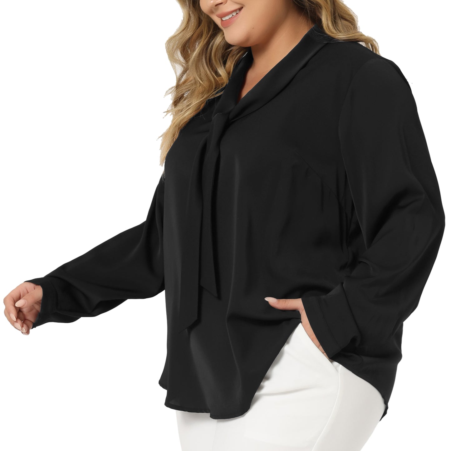 Women Plus Size Work Tops Elegant Long Sleeve Tie V Neck Chiffon Office Blouse