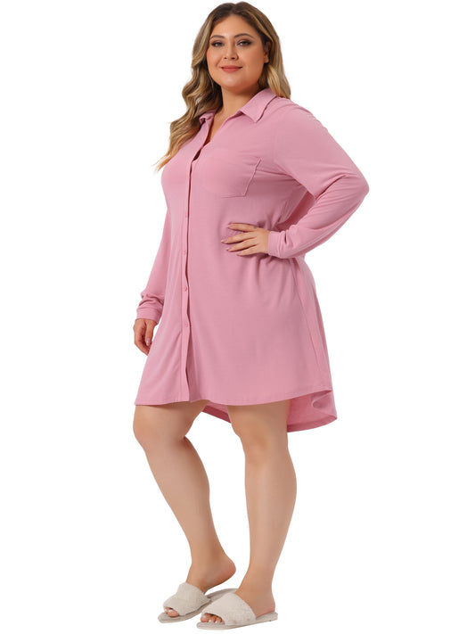 Women Plus Size Nightshirt Long Sleeve Button Down Nightgown V-Neck Sleepwear Pajama Dress