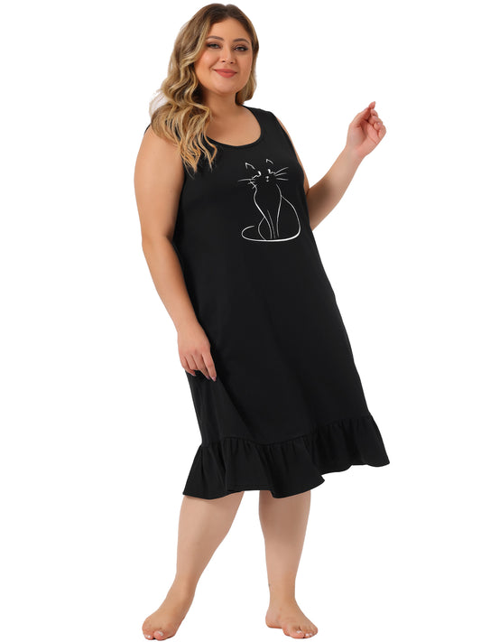 Women Plus Size Sleeveless Nightdress Cute Cat Sleepwear Pajamas Nightgown Loungewear