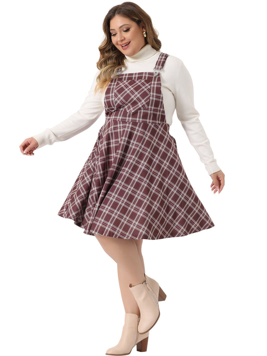 Women's Plus Size Casual Plaid Printed Overall Pinafore Dress Swing Adjustable Straps Dress