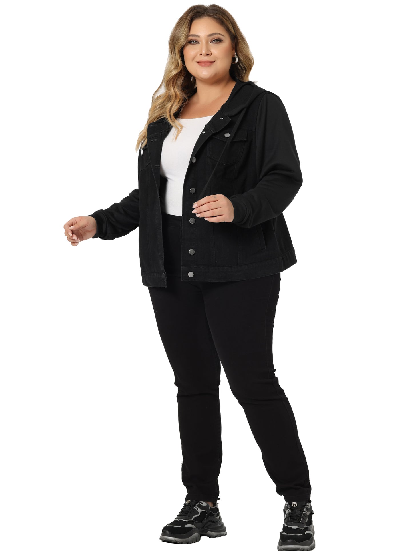 Women's Plus Size Denim Jacket with Hood Long Sleeve Western Outfit Casual Hoodie Jean Jackets