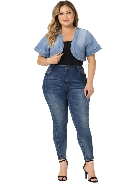 Women Plus Size Denim Jackets Cardigan Casual Short Crop Jean Jacket Shrug