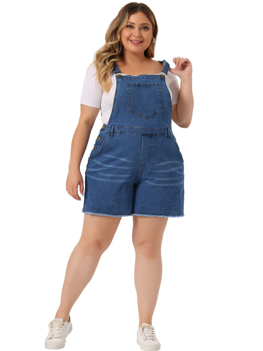 Women Plus Size Denim Overall Shorts Raw Hem Adjustable Strap Rompers with Pockets Bib Jeans Shortalls