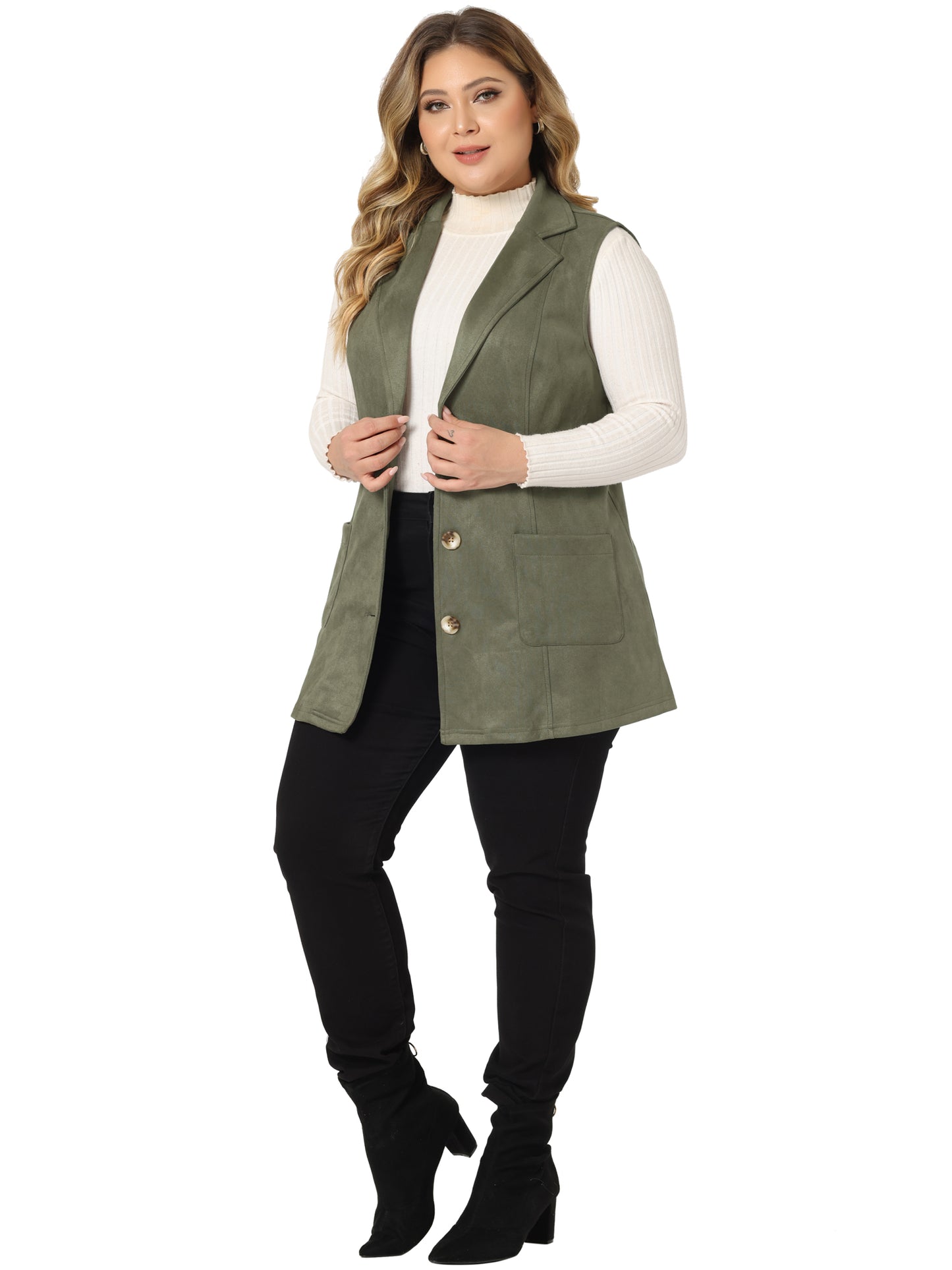 Women Plus Size Utility Vest Lapel Sleeveless Lightweight Suede Vests Jacket