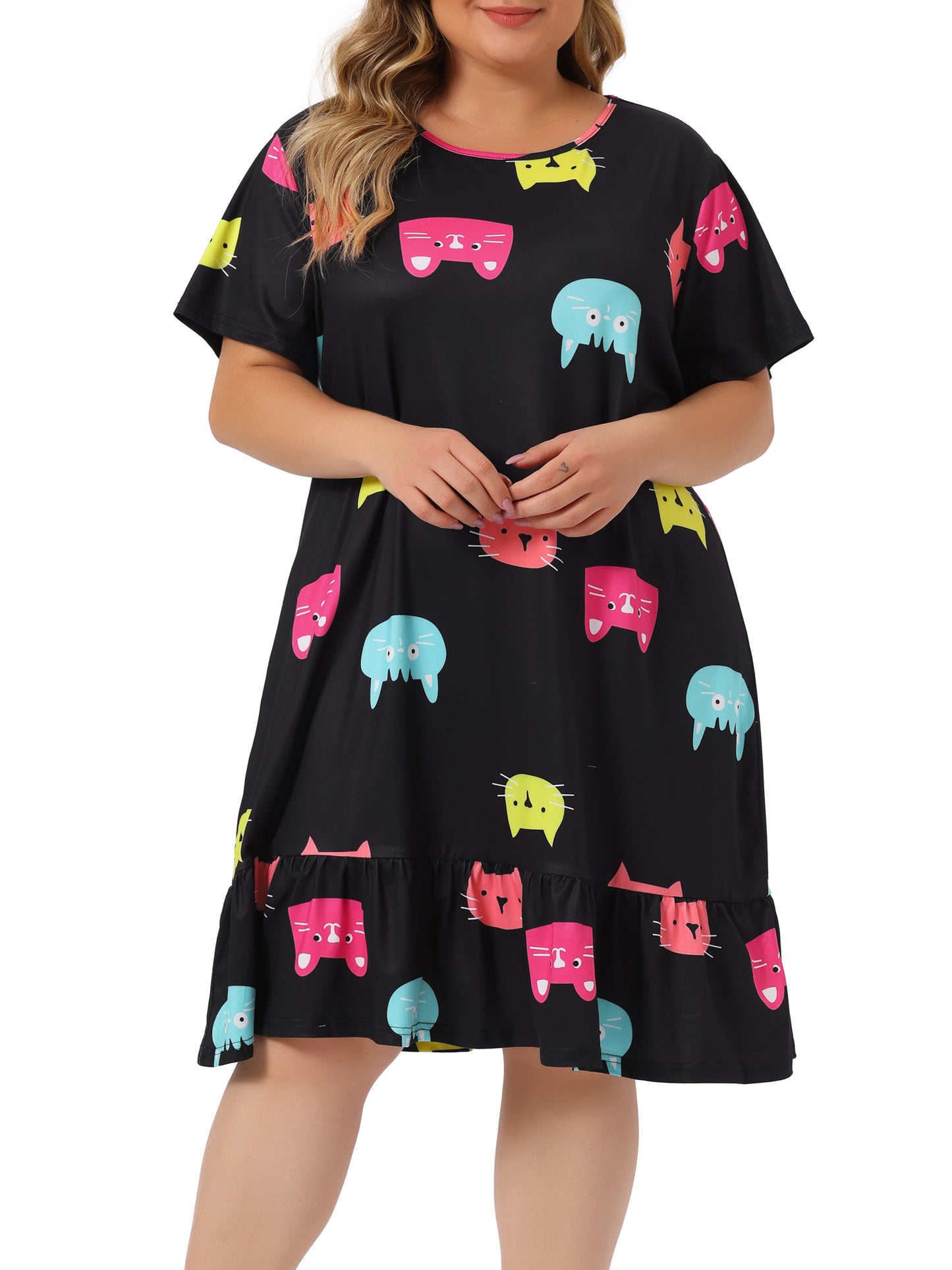 Camisones de talla grande para mujer, de manga corta, con bonito gato, midi
