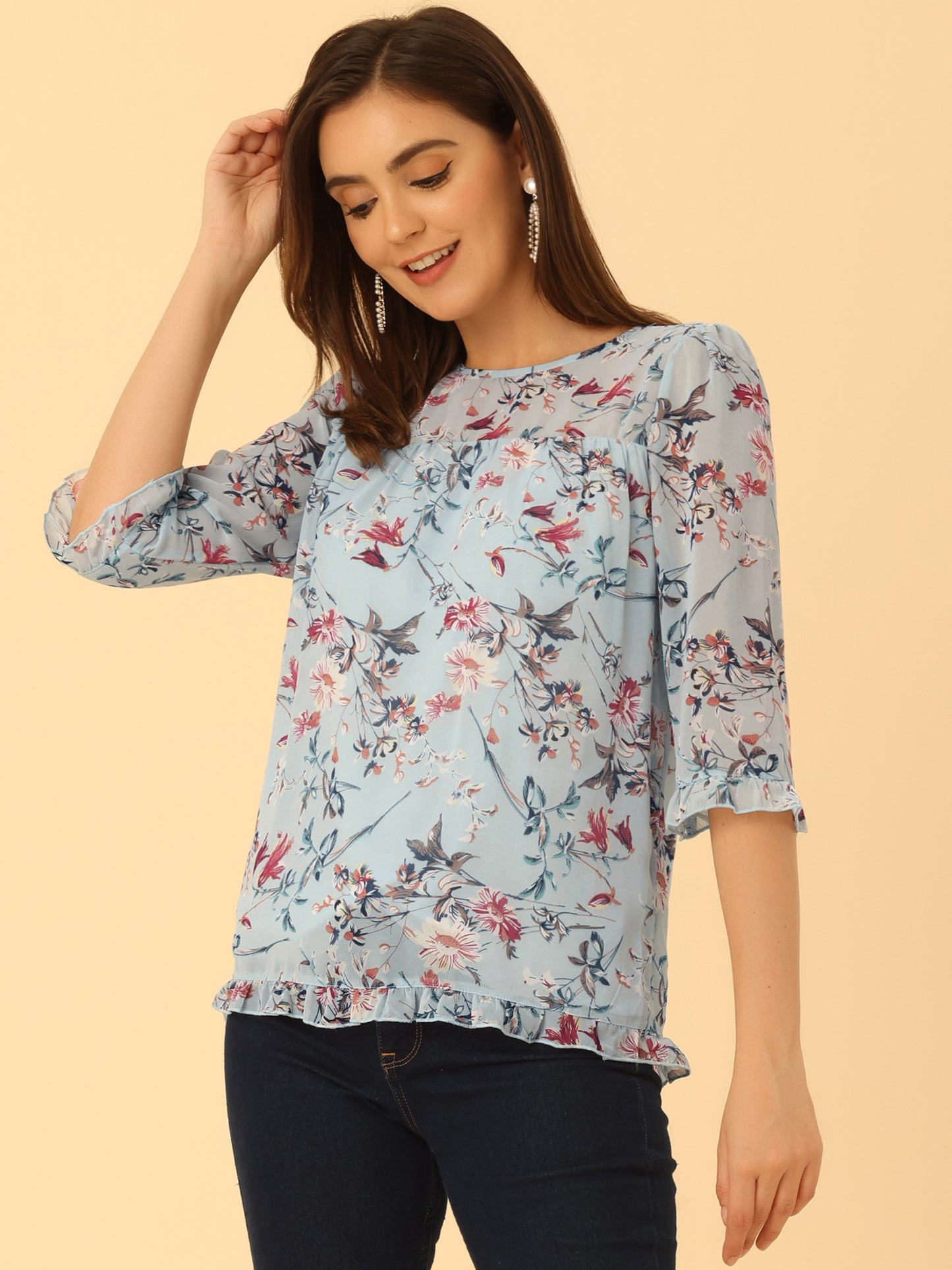 Women's Casual Ruffle 3/4 Sleeve Floral Print Chiffon Blouse