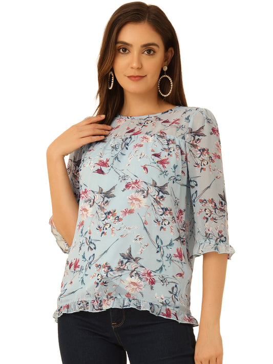 Women's Casual Ruffle 3/4 Sleeve Floral Print Chiffon Blouse