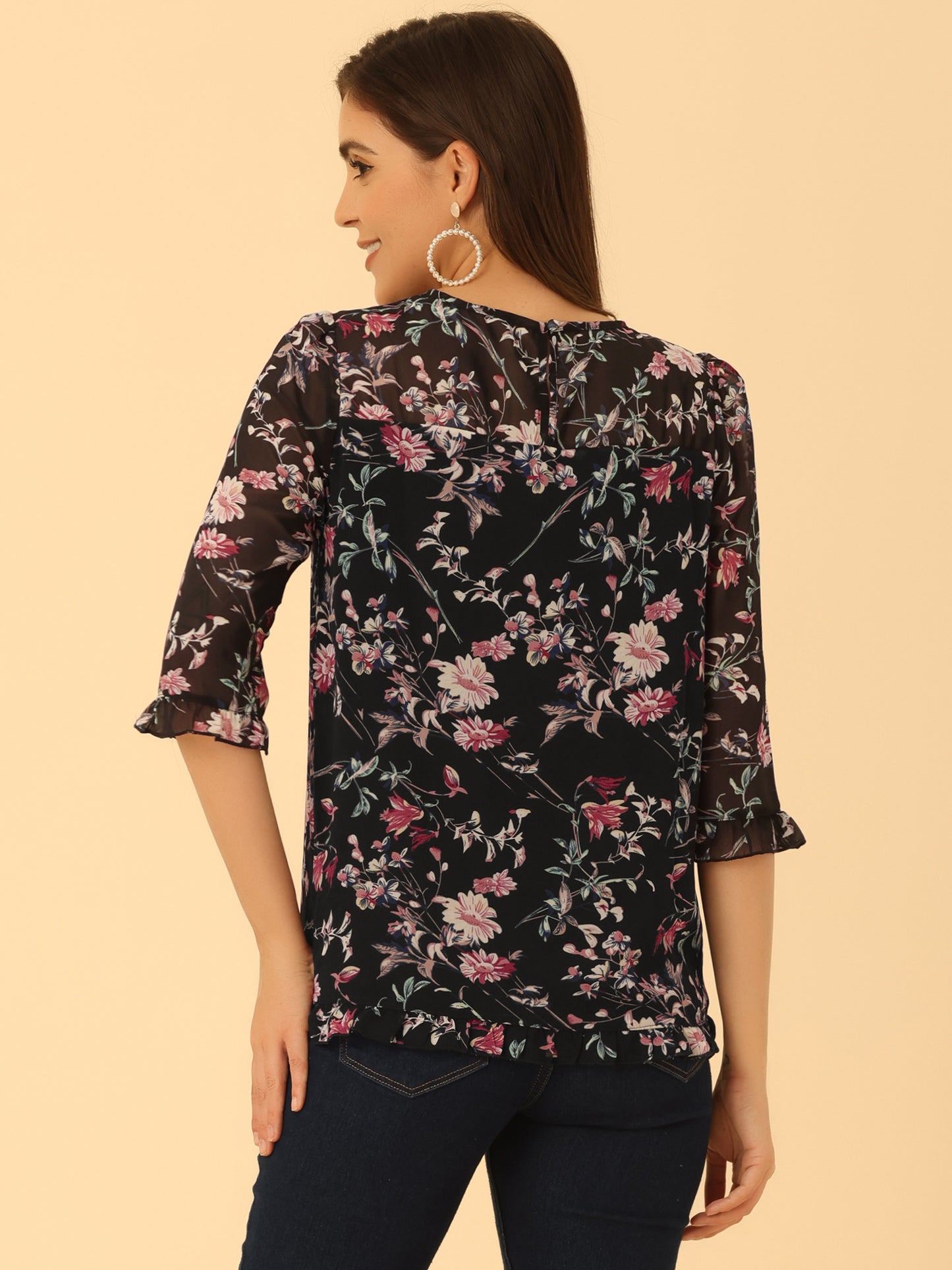 Women's Casual Ruffle 3/4 Sleeve Floral Print Chiffon Blouse (Available in Plus Size)