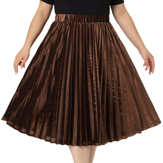 Women Plus Size Velvet Skirt Elastic Waist Metallic Accordion Midi Pleated Skirt