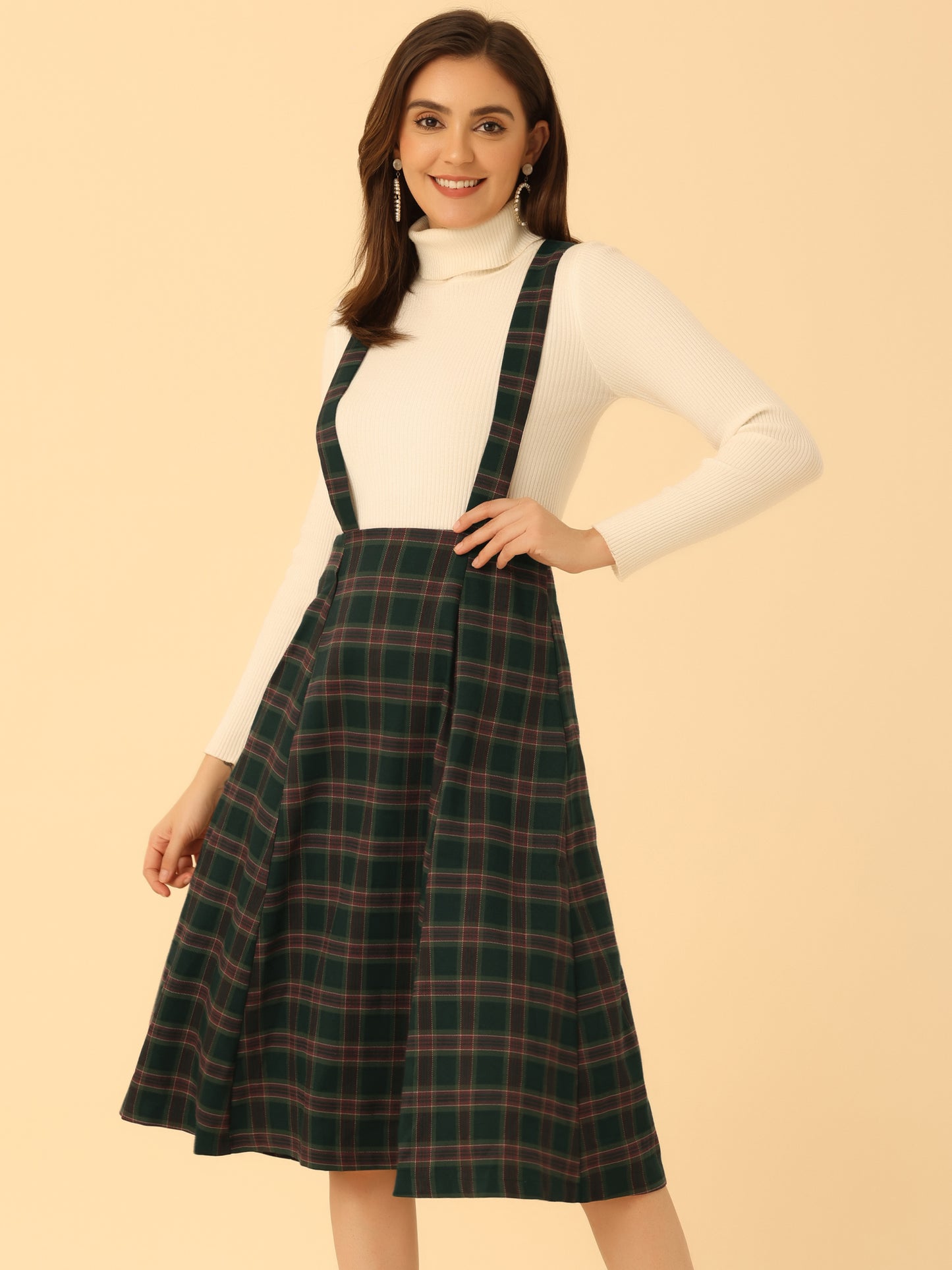 Women's Tartan Plaid Suspender Skirt Vintage High Waist A-Line Midi Overall Dress