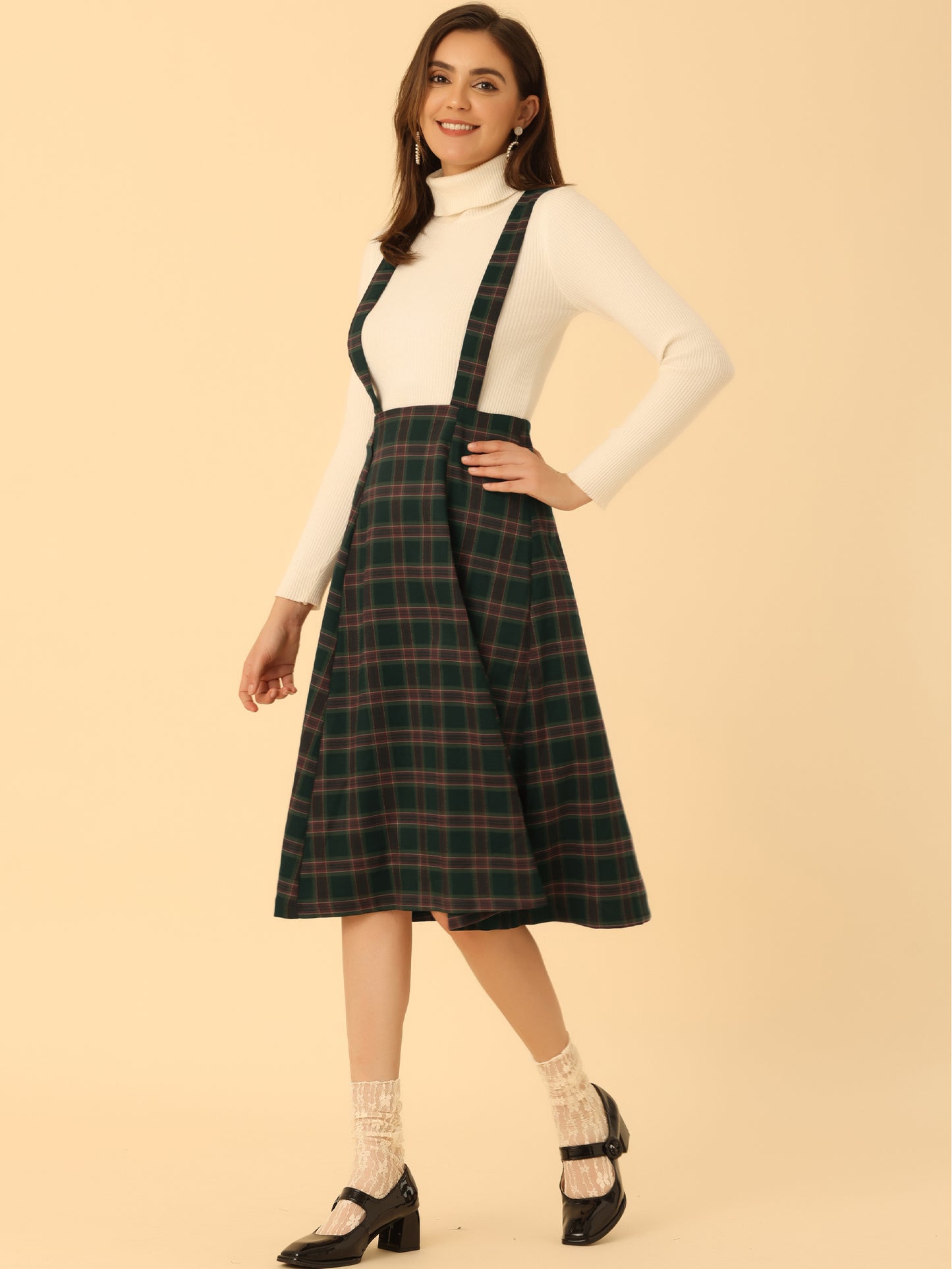 Women's Tartan Plaid Suspender Skirt Vintage High Waist A-Line Midi Overall Dress