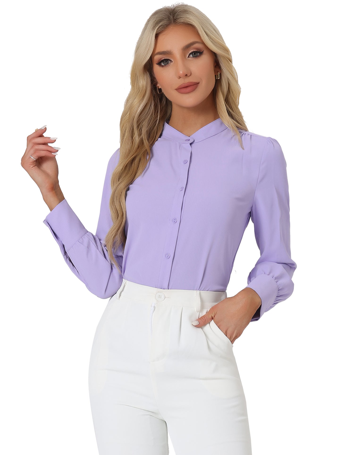 Women's Button Down Long Sleeve Mandarin Collar Work Shirt (Available in Plus Size)