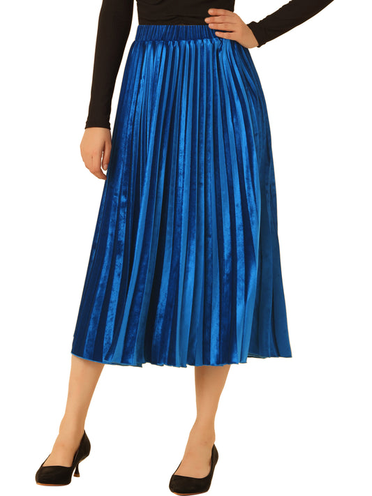 Women's Fall Winter Elastic High Waist Flowy Swing Holiday Velvet Pleated Midi Skirt