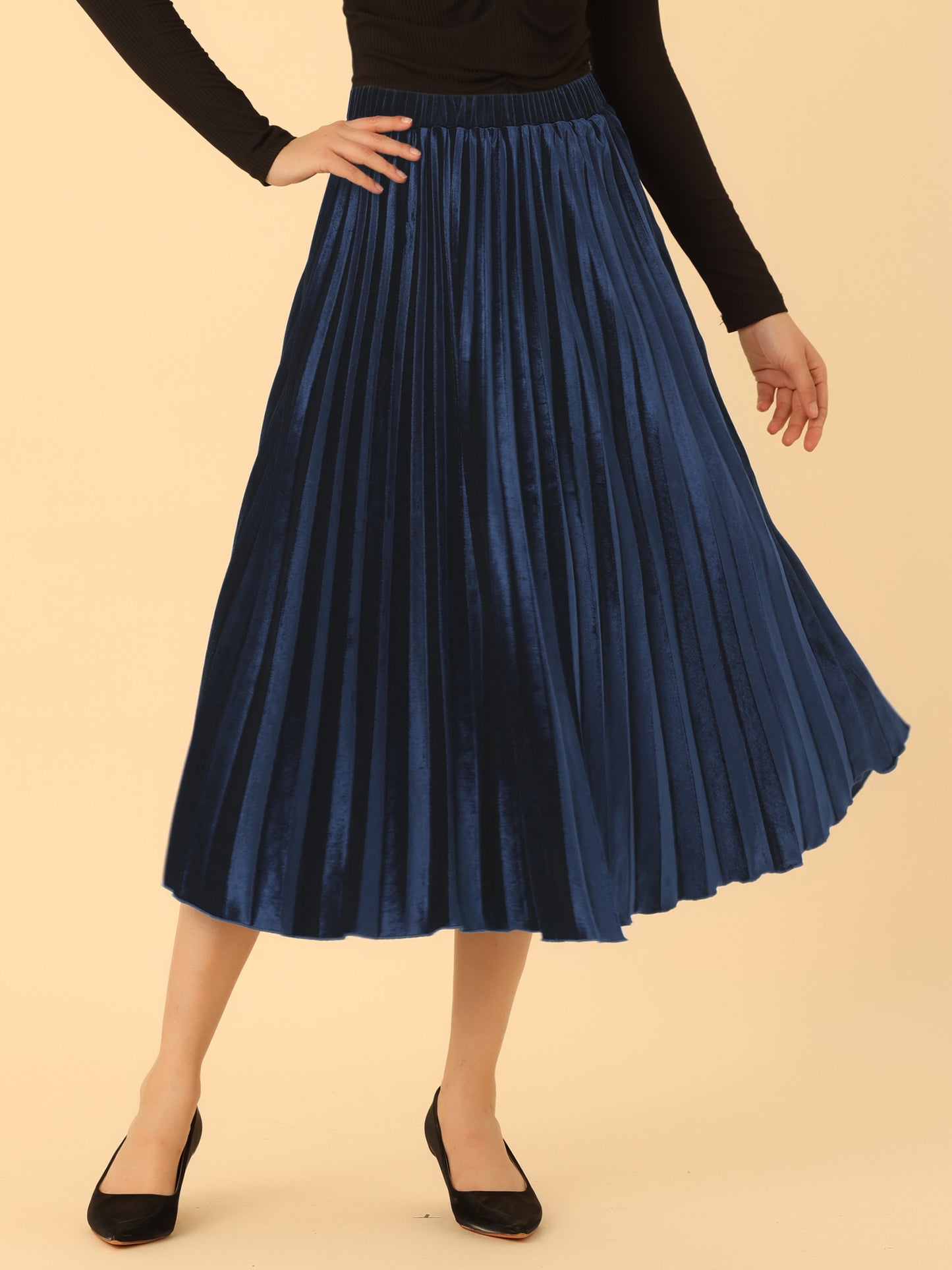 Falda midi plisada de terciopelo con cintura alta elástica y fluida para mujer, para otoño e invierno