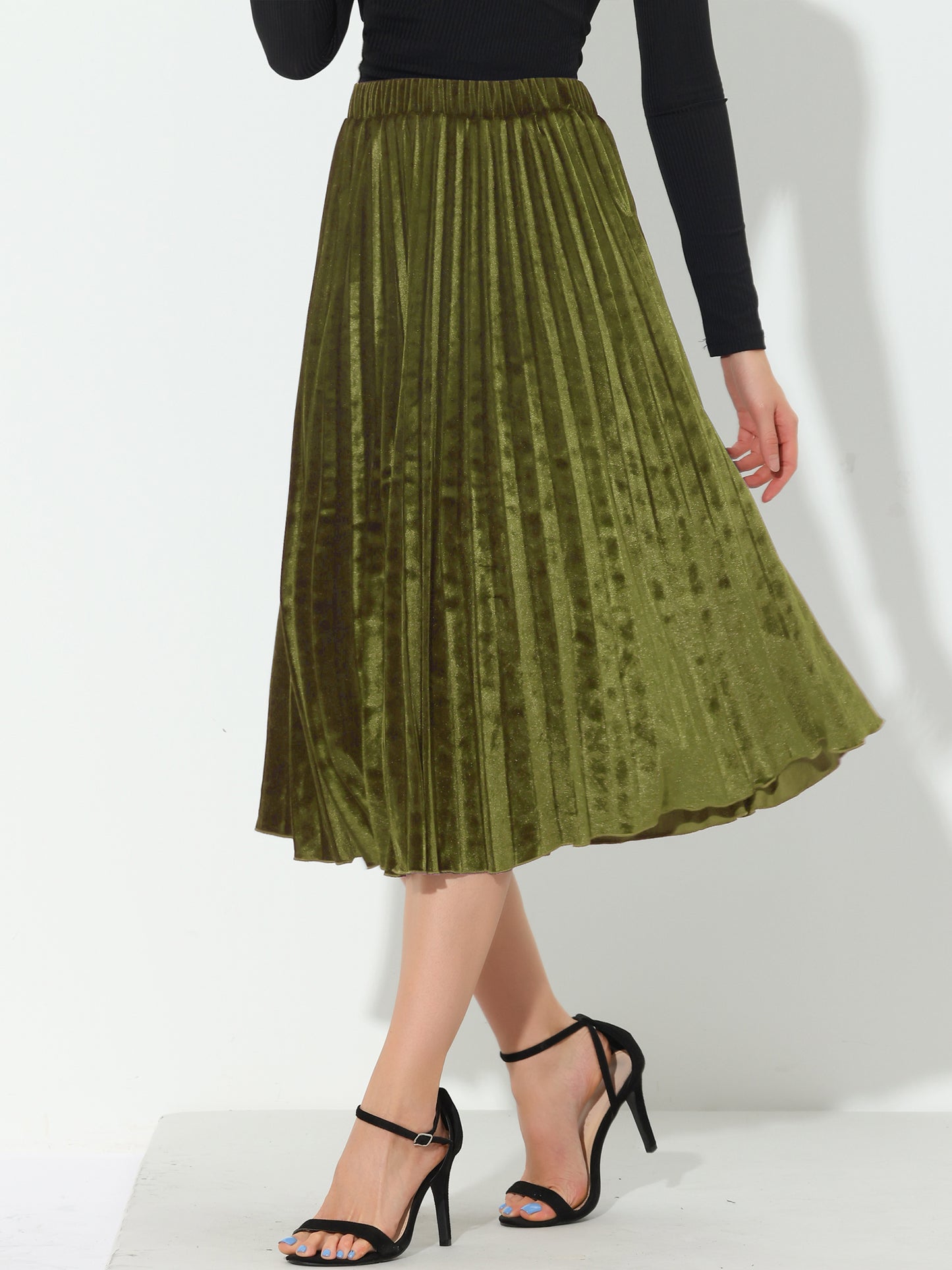 Women's Fall Winter Elastic High Waist Flowy Swing Holiday Velvet Pleated Midi Skirt